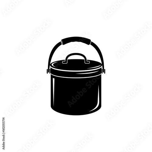 A black bucket with a handle and a lid is shown in a simple black and white graphic illustration style