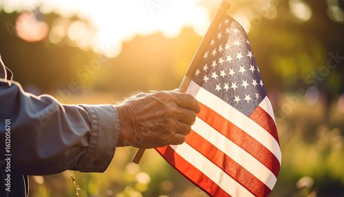 Old hand holds American flag at sunset