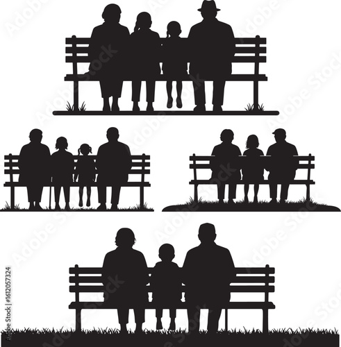 Family generations sitting together on park benches silhouette