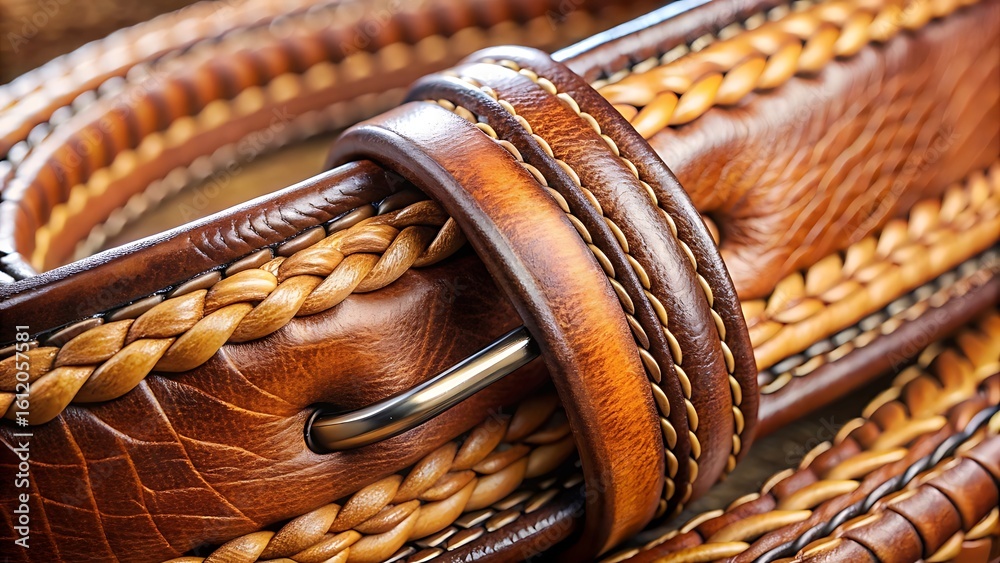 Obraz premium Photo of closeup of a detailed brown leather belt with intricate braiding and stitching