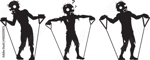 Three zombie characters with walking sticks silhouette