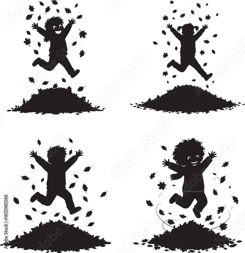 Four happy children jumping in autumn leaves silhouette