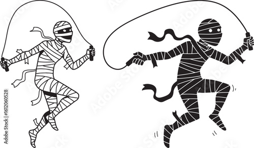 Mummy jumping rope silhouette and outline