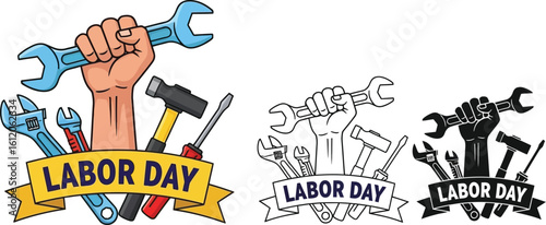 Labor day vector illustration with hand holding wrench and tools for holiday celebration editable