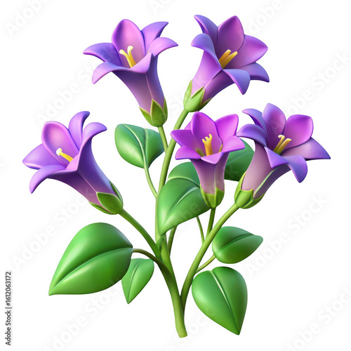3d purple bell flowers with green leaves isolated on transparent background
