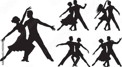 Multiple couples dancing together in silhouette style
