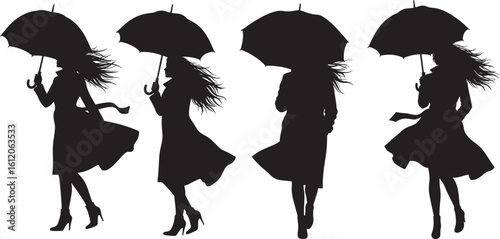 Four women in silhouette holding umbrellas on a windy day silhouette