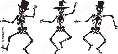 Three dancing skeletons wearing top hats silhouette