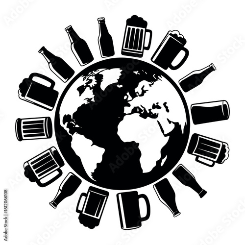 Black silhouette beer bottles and mugs circling planet earth