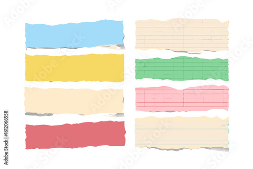 Collection of colorful torn paper notes on black background