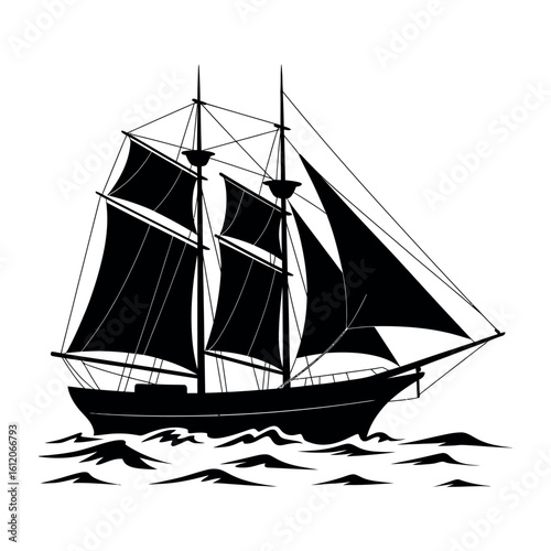 Black silhouette of a sailing ship on waves sailboat