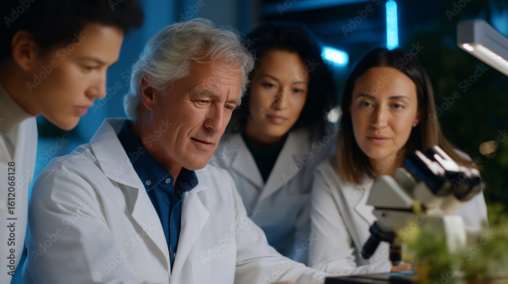 Fototapeta premium Research Team Collaborating on Microscopy Experiments
