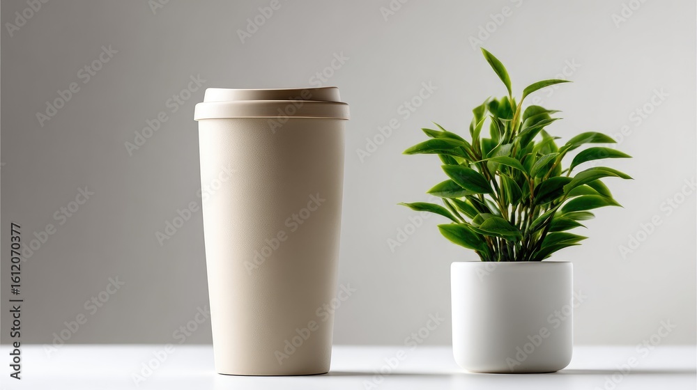 custom made wallpaper toronto digitalLight beige coffee cup and green plant on a table.