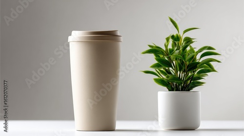 Wallpaper Mural Light beige coffee cup and green plant on a table. Torontodigital.ca