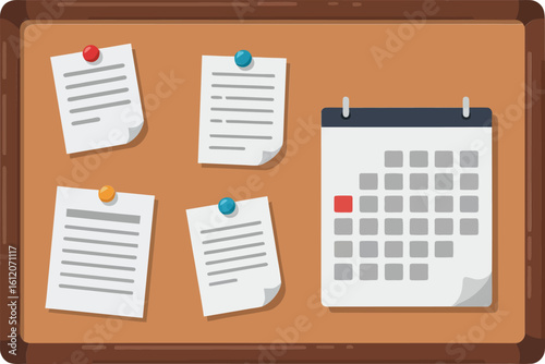 Cork bulletin board with pinned notes and calendar for organization and planning in office or home environment