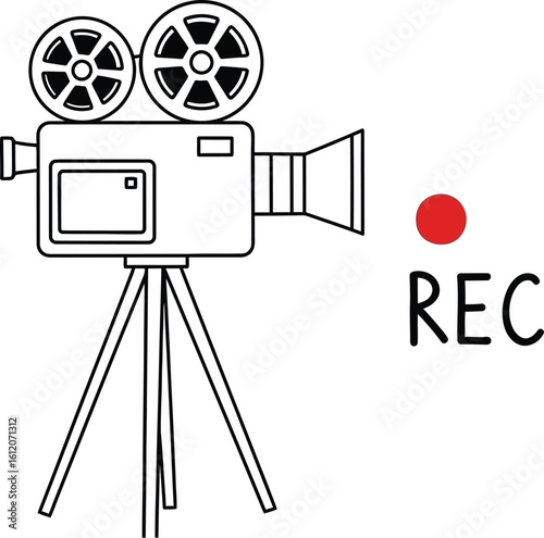 A black and white line drawing of a vintage camera with rec indicator