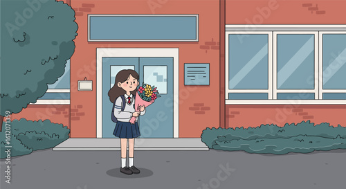 Young schoolgirl standing outside school building holding colorful bouquet of flowers in casual uniform smiling happily