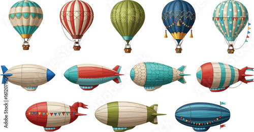 Vintage hot air balloons and zeppelins clip art vector illustration design elements set theme editable