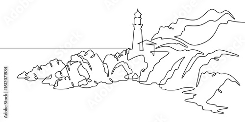 Continuous one line drawing lighthouse on a rocky cliff. Lighthouse on the seashore.One continuous line isolated minimal illustration.Not AI.