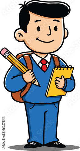 Young student boy cartoon character holding pencil and notebook smiling in blue suit with red tie