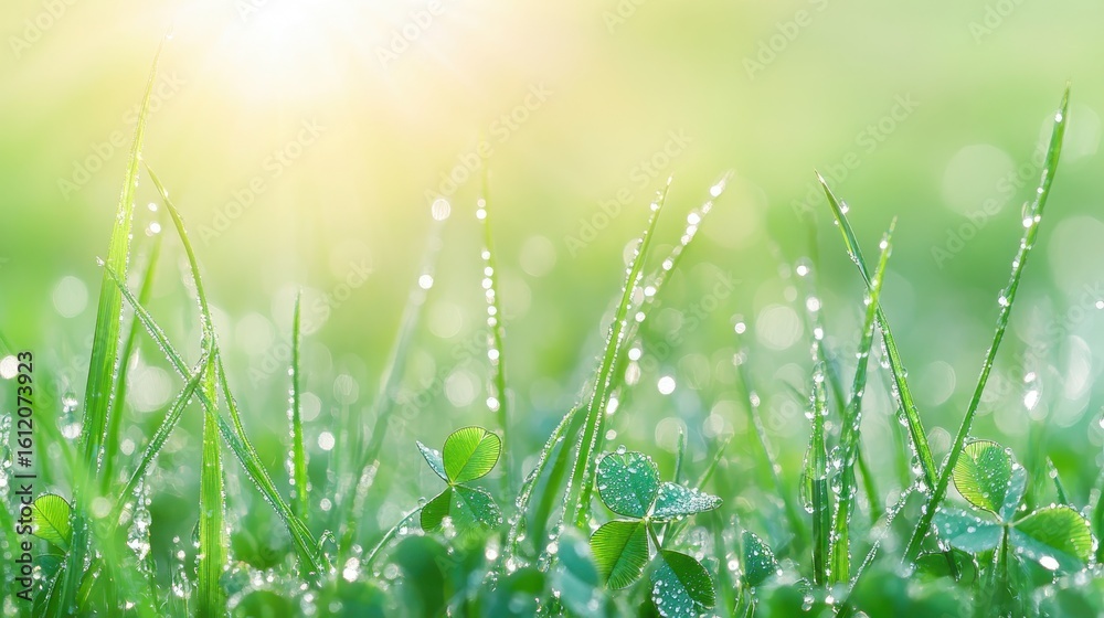 Obraz premium Fresh Morning Grass with Dew Drops Glimmering Under Sunrise Light