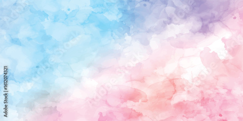Rainbow sky blue, pink and purple coloured hand painted watercolour background.