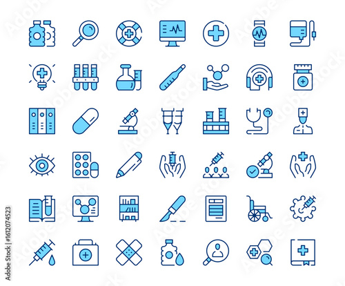 Medical tools icons. Vector line icon set. Modern outline design. Blue concept