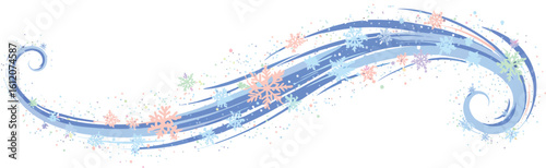 Blue swirling decorative wave design with snowflakes and glitter elements for winter and festive themes