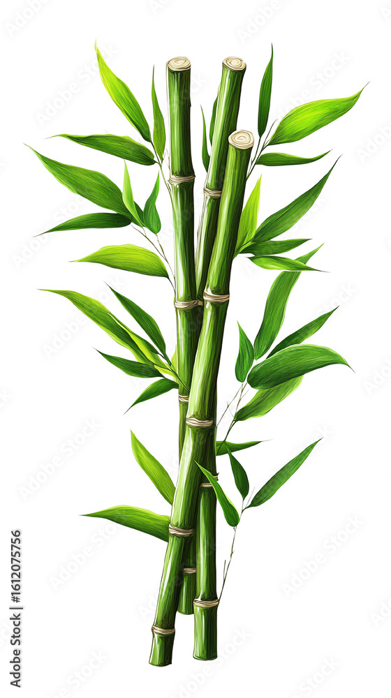 Obraz premium Isolated transparent Three vibrant bamboo stalks with fresh green leaves, representing nature's beauty. PNG die-cut element for advertising