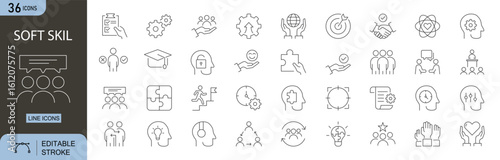 Soft Skills icons set. Includes icons for communication, empathy, teamwork, adaptability, leadership, critical thinking, creativity, and emotional intelligence. Perfect for training visuals.