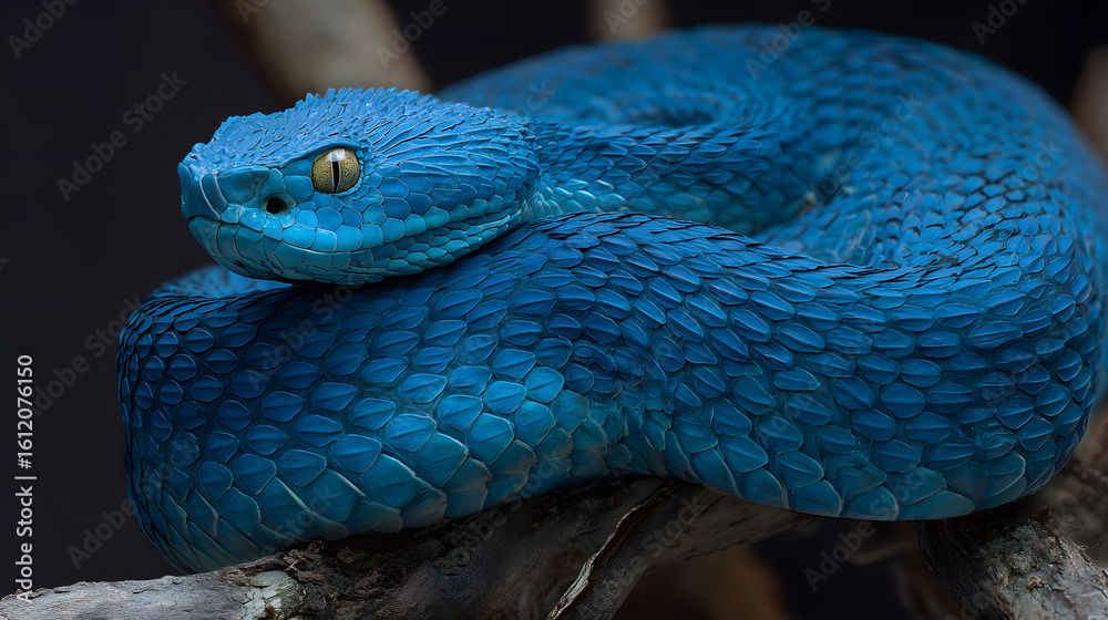 Fototapeta premium Blue Viper Coiled on Branch Close-up Still Image Wild Snake