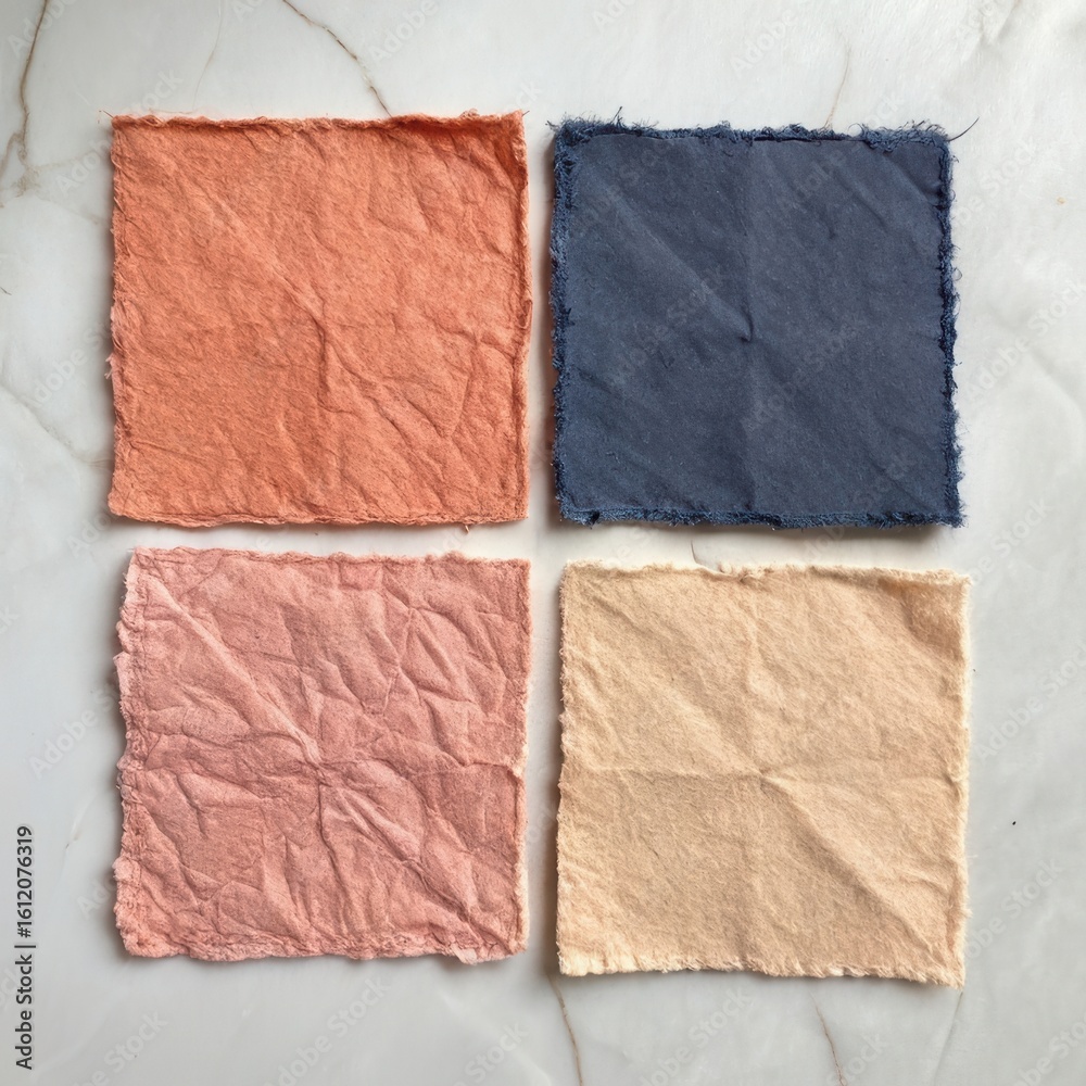 Fototapeta premium Four textured square swatches of handmade paper in peach pink navy and beige