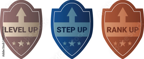 Level-Up Achievement Badge Set – “Level Up,” “Step Up,” & “Rank Up” Arrow Icons Vector.