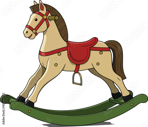 Rocking horse toy with brown mane and red saddle classic children’s plaything in simple illustration style