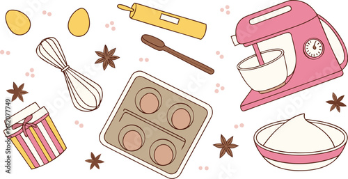 Cute Baking Illustration with Kitchen Tools on Transparent Background