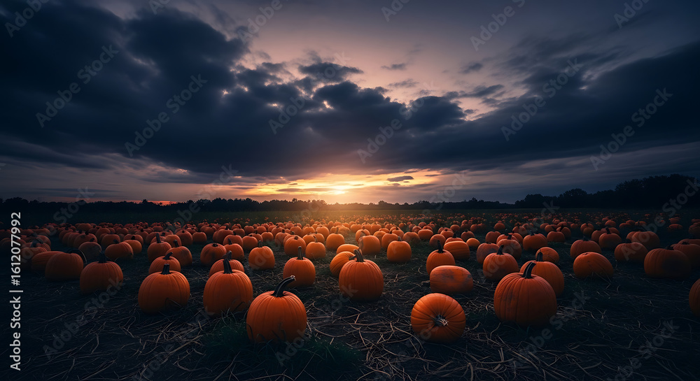 Obraz premium A field filled with pumpkins under a dramatic sky at sunset during the autumn season harvest time ai generated