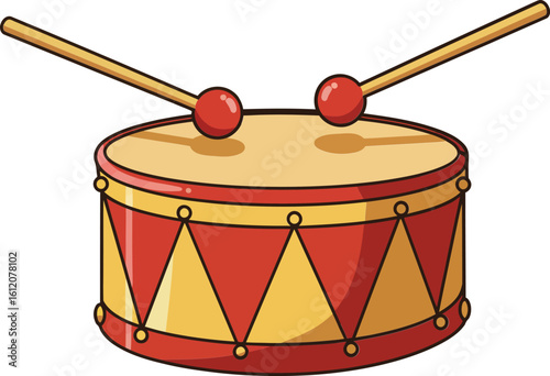 Red and yellow drum with wooden drumsticks on top isolated musical instrument illustration