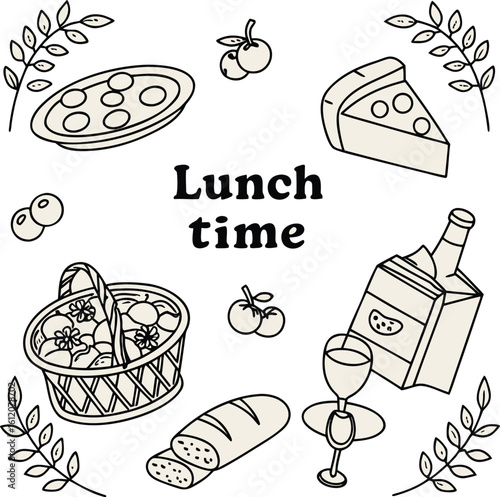 Lunch Time Picnic Doodle with Food and Drink on transparent background
