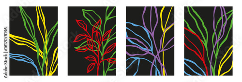 Set of wall prints flowers, leaves, lines on black background. Modern aesthetic illustrations. Bohemian style Collection of contemporary artistic Design wall decoration, postcard, poster, brochure.