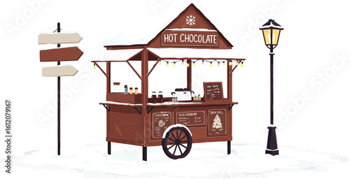Vintage hot chocolate street cart with wooden signs and lamppost in winter scene cozy outdoor beverage stall