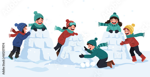 Children playing snowball fight and climbing igloos in winter outdoor scene with colorful clothes and joyful expressions