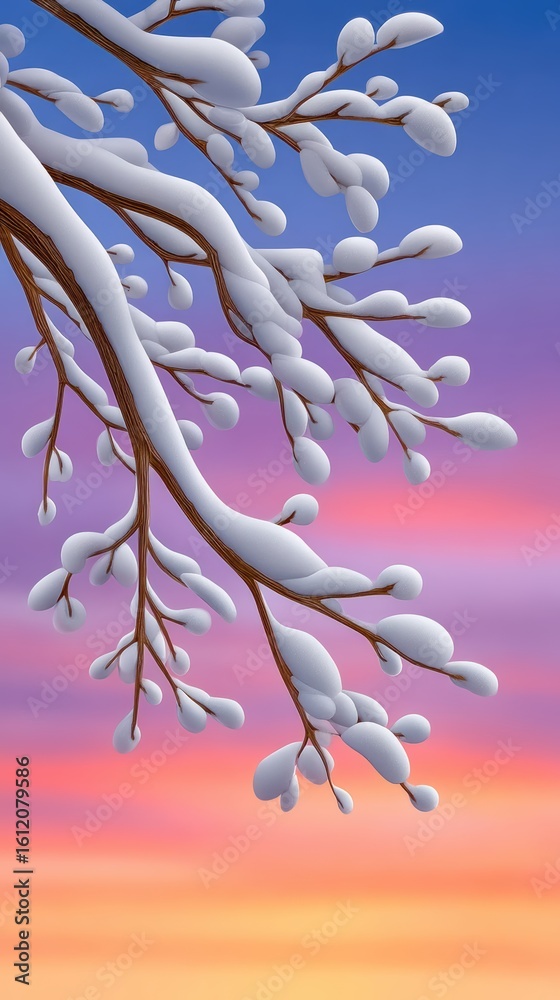 Fototapeta premium Snowcovered branch silhouette against dark background