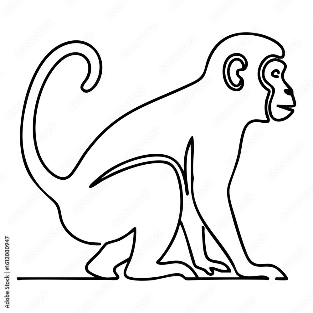 Obraz premium Black outline of a monkey using ultra-minimal line work, single stroke contour defining monkey silhouette, essential line drawing with maximum simplification, continuous line art showing monkey form t