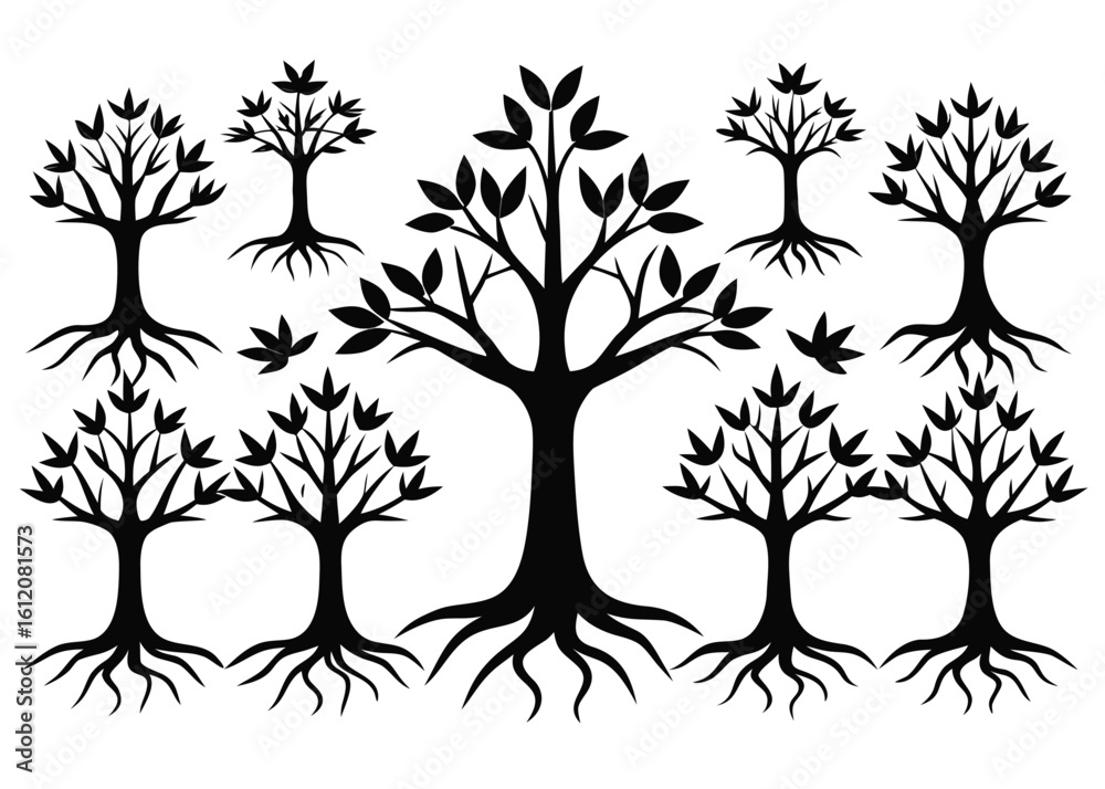Fototapeta premium Set of ten tree silhouettes isolated on white background