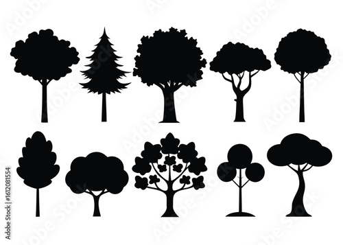 Set of 10 common urban or park tree silhouettes isolated on white background