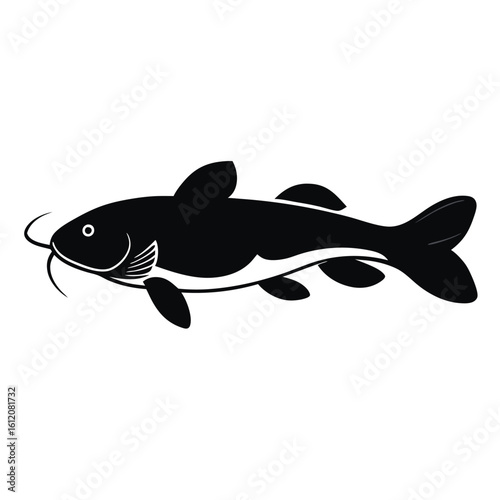 Black catfish silhouette with barbels on white background