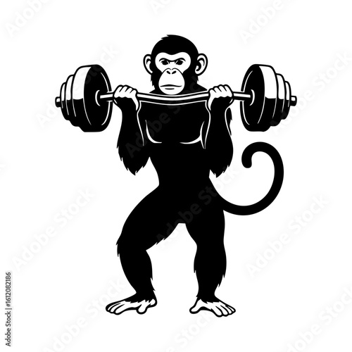 Black Weightlifting Monkey Silhouette Vector Barbell Overhead - Athletic Strength Primate Icon