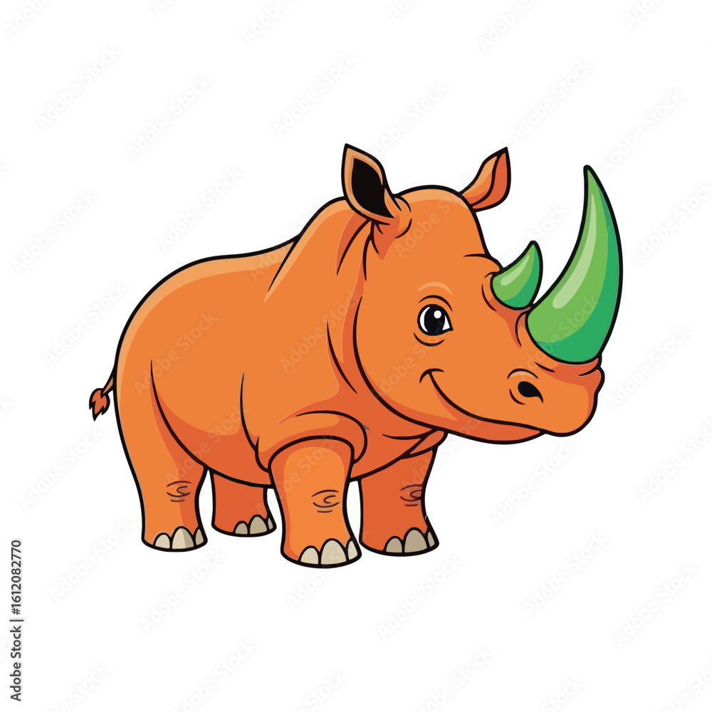 Obraz premium Cute Orange Rhino Vector Sticker with Green Horn Detailed Illustration Fun Animal Character for Kids