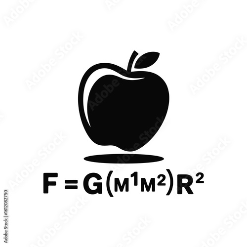 Silhouette of an apple with the law of universal gravitation formula isolated on white background