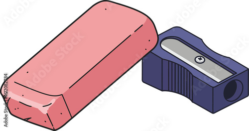 Pink eraser and blue pencil sharpener simple school stationery tools isolated on white background